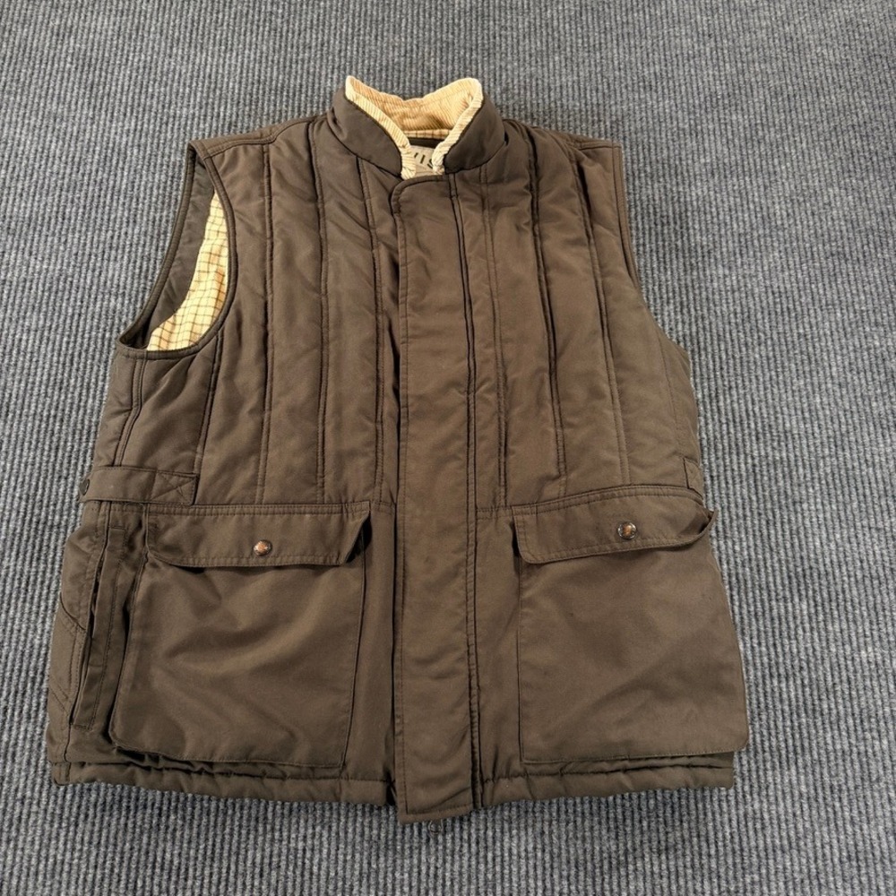 Orvis Sporting Traditions Quilted Field Vest Mens Large Brown Plaid Lined